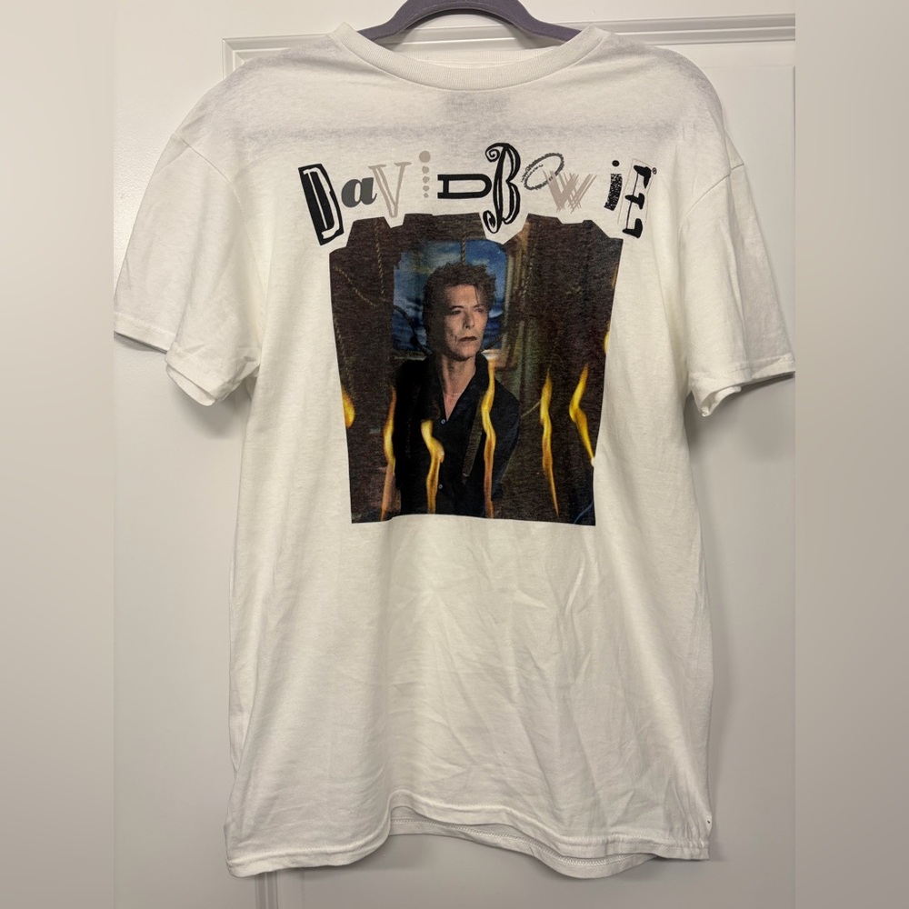 DAVID BOWIE Men's T-Shirt White Hours Era | Bowie On Tag | Flames